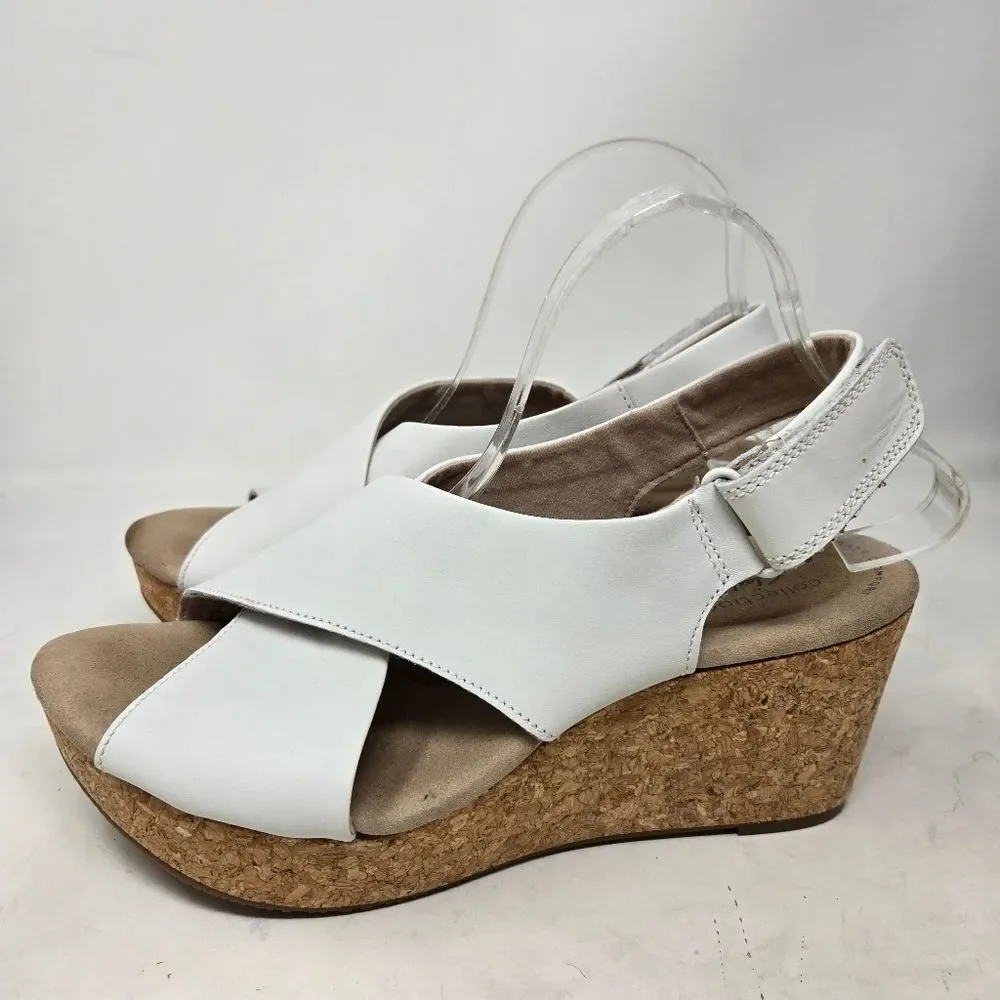 CLARKS Annadel Eirwyn White Leather Slingback Cork Wedge Sandals Sz 10‎